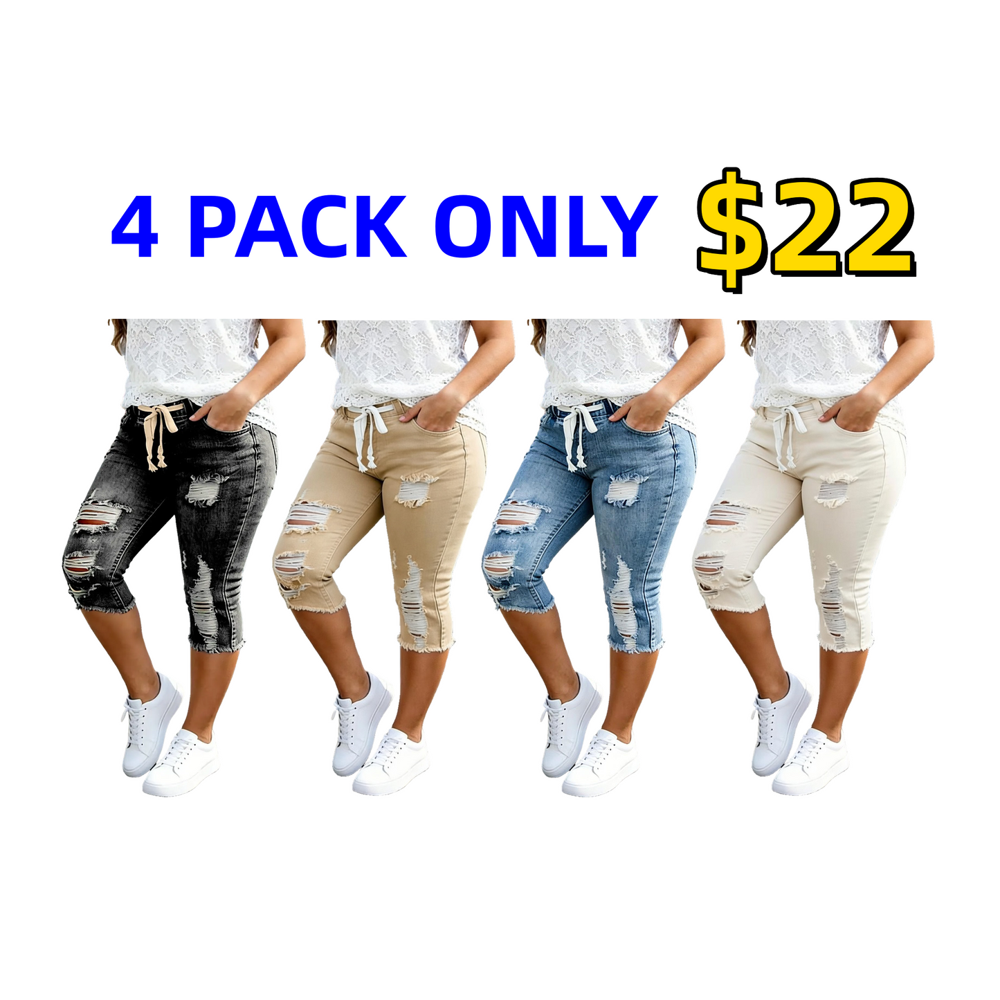 Stylish Distressed & Ripped Capri Jeans — Plus-Size Women's Casual High-Waisted Drawstring Denim Shorts