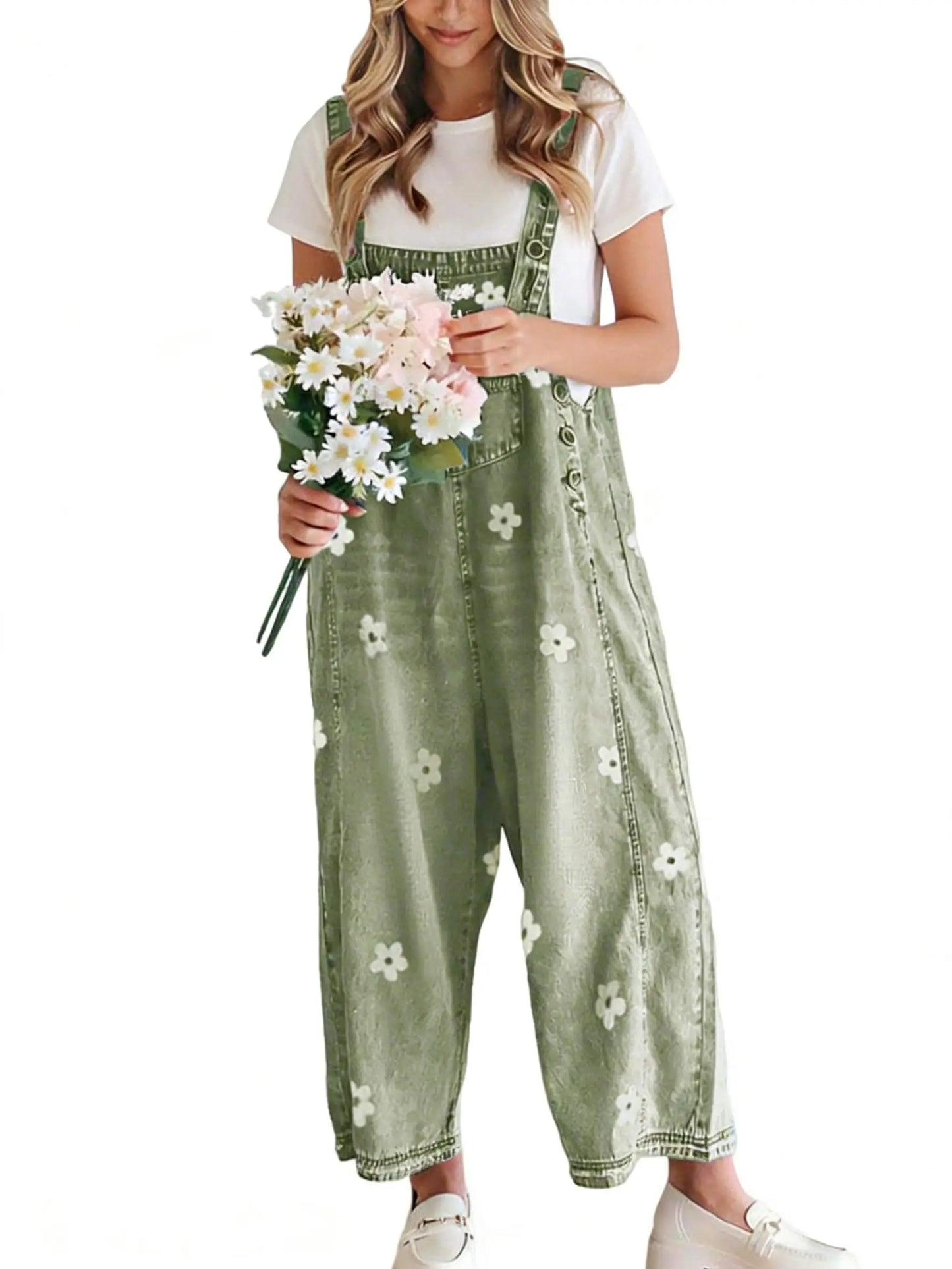 🔥Flash Sale🔥Women's Floral Printed Adjustable Strap Denim Bib Overall - Cute Chic Wide Leg Baggy Jeans Jumpsuit, Versatile Clothes for Matching Shirts