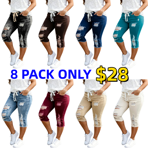 Stylish Distressed & Ripped Capri Jeans — Plus-Size Women's Casual High-Waisted Drawstring Denim Shorts