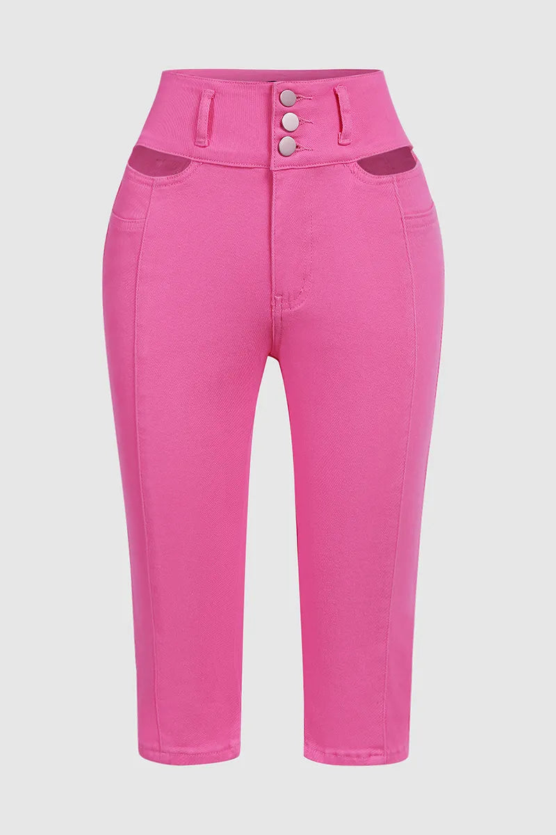 Solid Cut Out Waist Skinny High Waist Capri Jeans