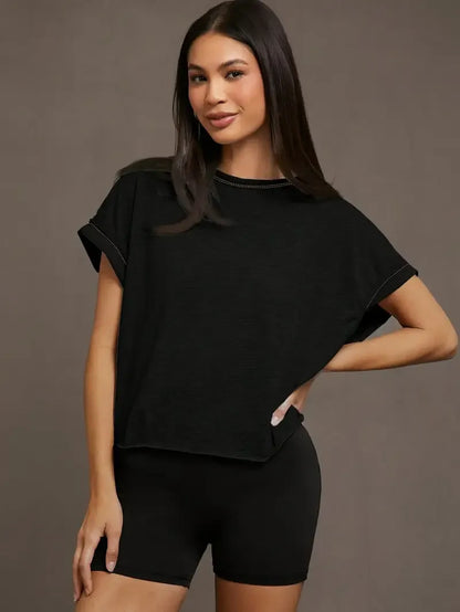 Women's Plain Cut Out Asymmetrical Hem Batwing Sleeve Tee, Elegant Casual Short Sleeve Round Neck T-Shirt for Summer, Ladies Clothes for Daily Wear