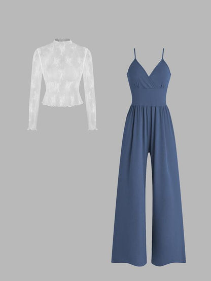 🎉Hot selling items-Women's solid color lace t-shirt and pocket jumpsuit two-piece set