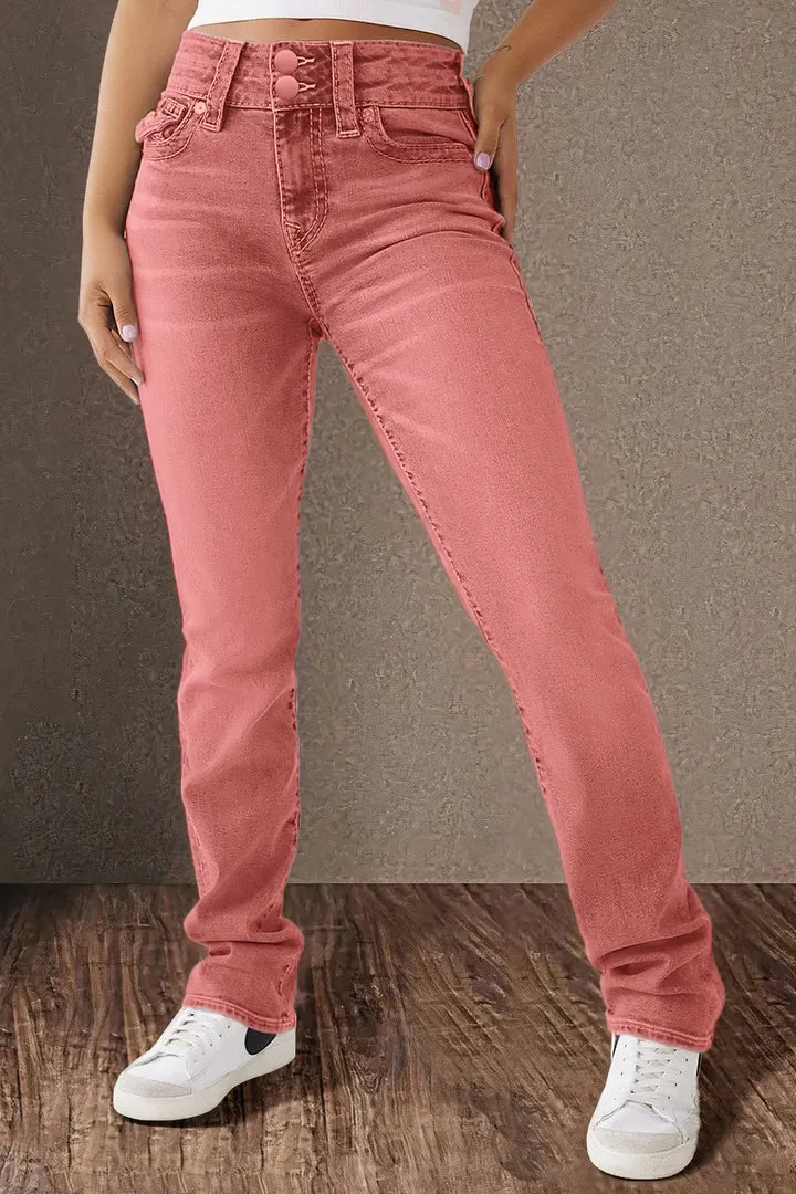 Double Button Mid Waist Straight Leg Jeans