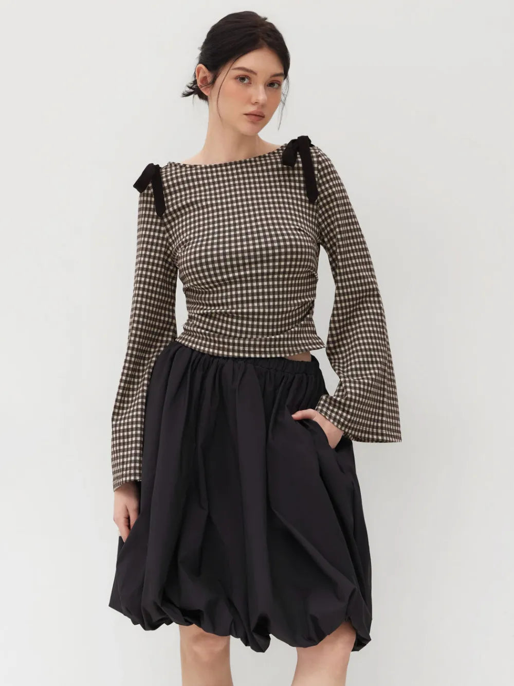 Boat Neck Gingham Bowknot Ruched Long Sleeve Top