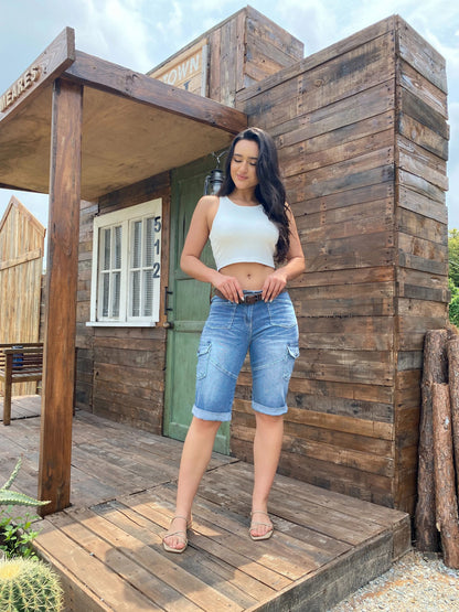 Flap Pocket Roll Hem Denim Bermuda Shorts Without Belt