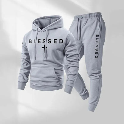 Blessed Cross Letter Print Hoodie & Drawstring Sweatpants Set