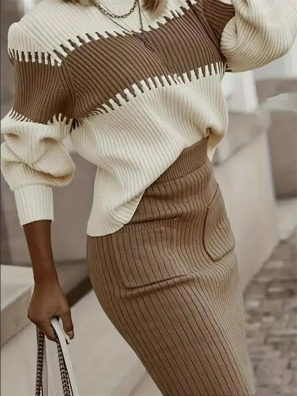 Women's Colorblock Bishop Sleeve Mock Neck Sweater & High Waist Skirt Set