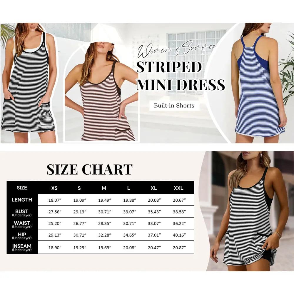 Women's Summer Sleeveless 4th Of July Striped Mini Dress with Built-in Shorts V Neck Spaghetti Straps Athletic Shorts Tennis Dress with Pockets