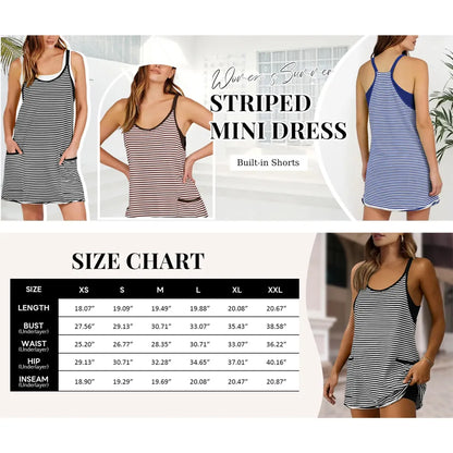 Women's Summer Sleeveless 4th Of July Striped Mini Dress with Built-in Shorts V Neck Spaghetti Straps Athletic Shorts Tennis Dress with Pockets