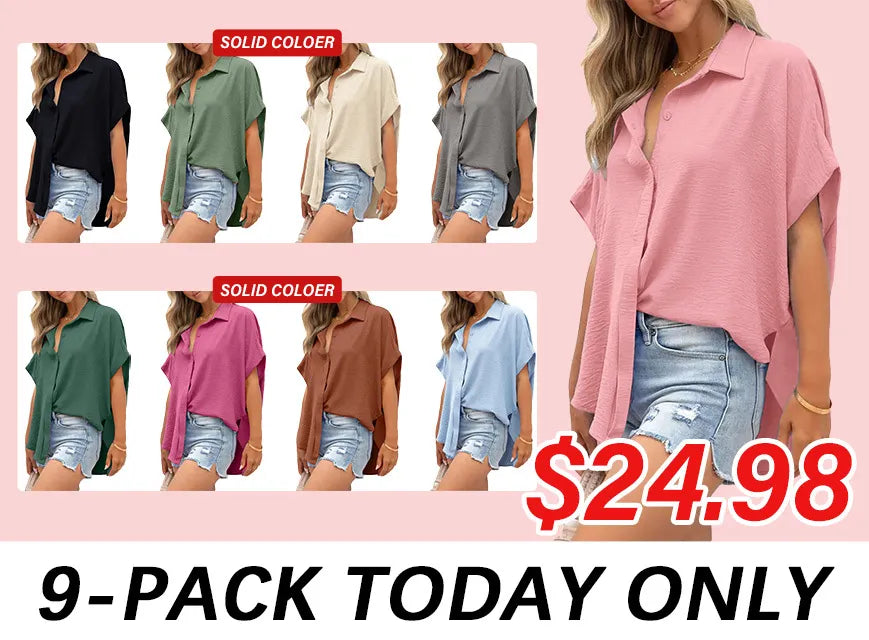 Women's Casual Button Short Sleeve Slit Hem Shirt Solid Color Tops
