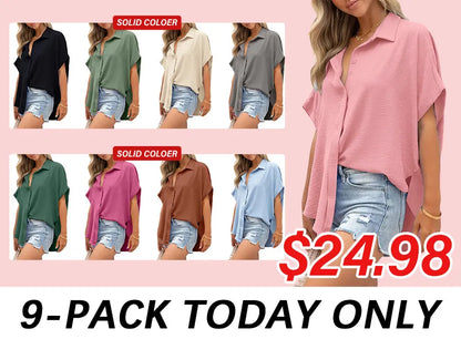 Women's Casual Button Short Sleeve Slit Hem Shirt Solid Color Tops