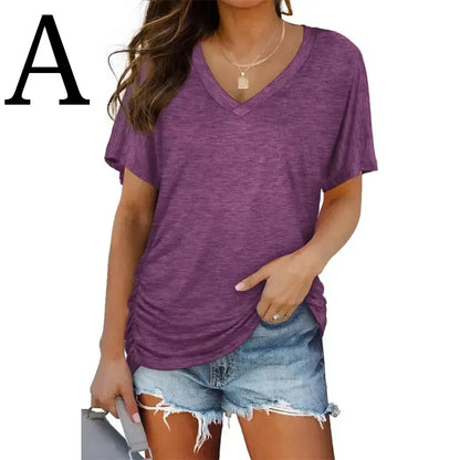 Womens Short Sleeve V Neck Dolman Tops with Side Shirring