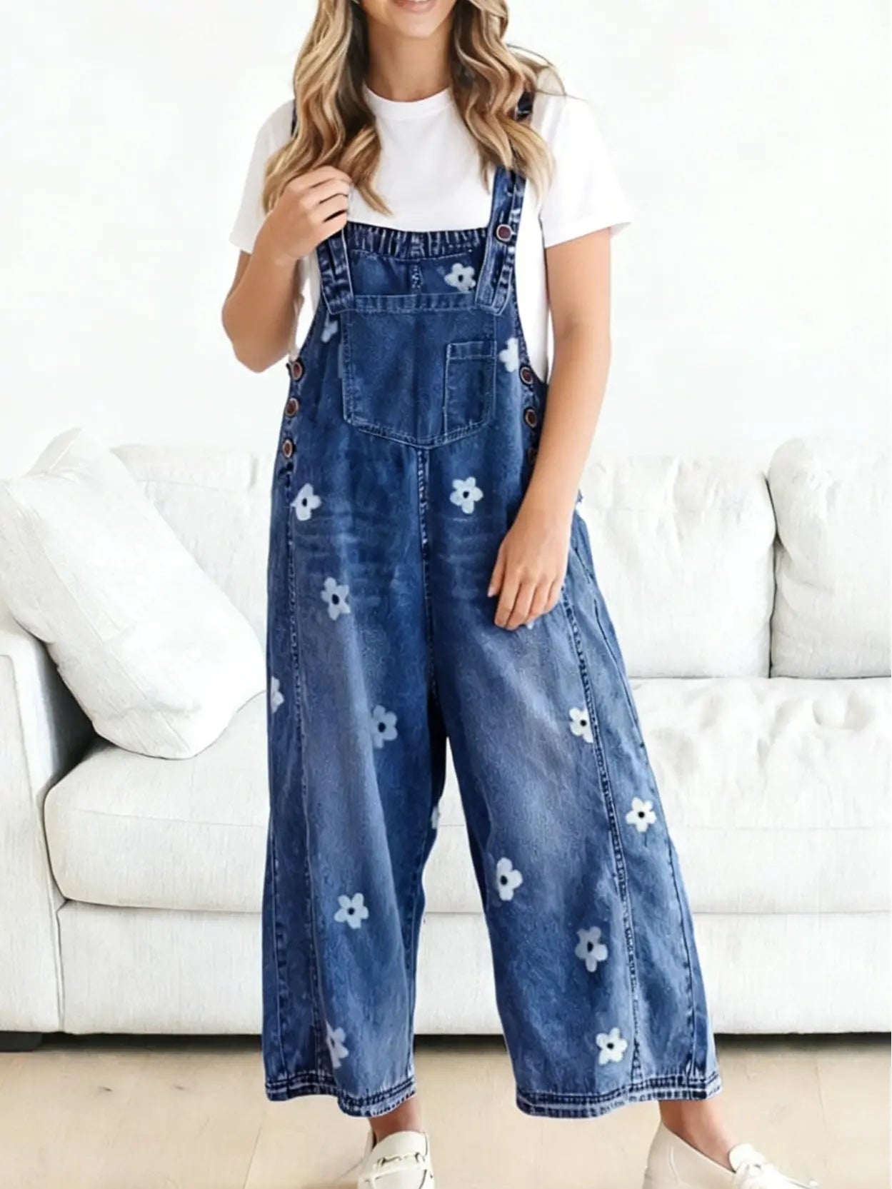 🔥Flash Sale🔥Women's Floral Printed Adjustable Strap Denim Bib Overall - Cute Chic Wide Leg Baggy Jeans Jumpsuit, Versatile Clothes for Matching Shirts