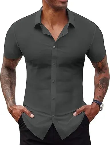 Men's Short Sleeve Stretch Slim Fit Casual Button Down Shirts