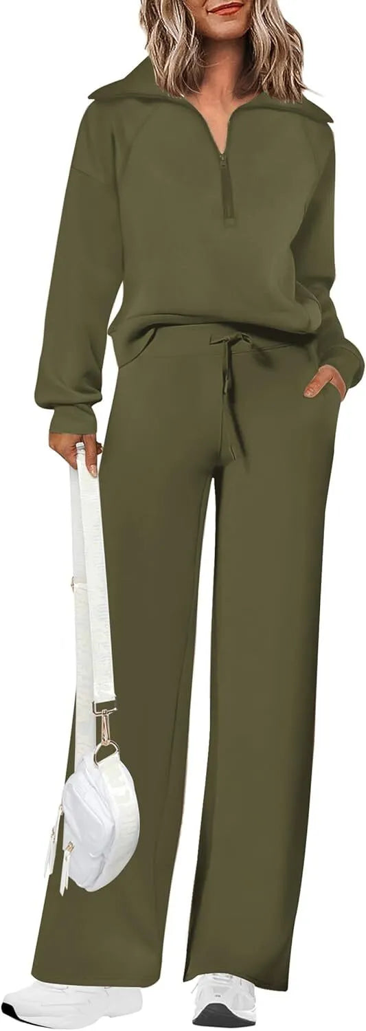 Women's 2 Piece Outfits Casual Lapel Half Zip Sweatshirts And Wide Leg Pants Tracksuit Sets