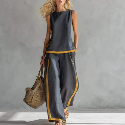 Linen Blend Women Sleeveless Color Block Top Wide Leg Pants Set