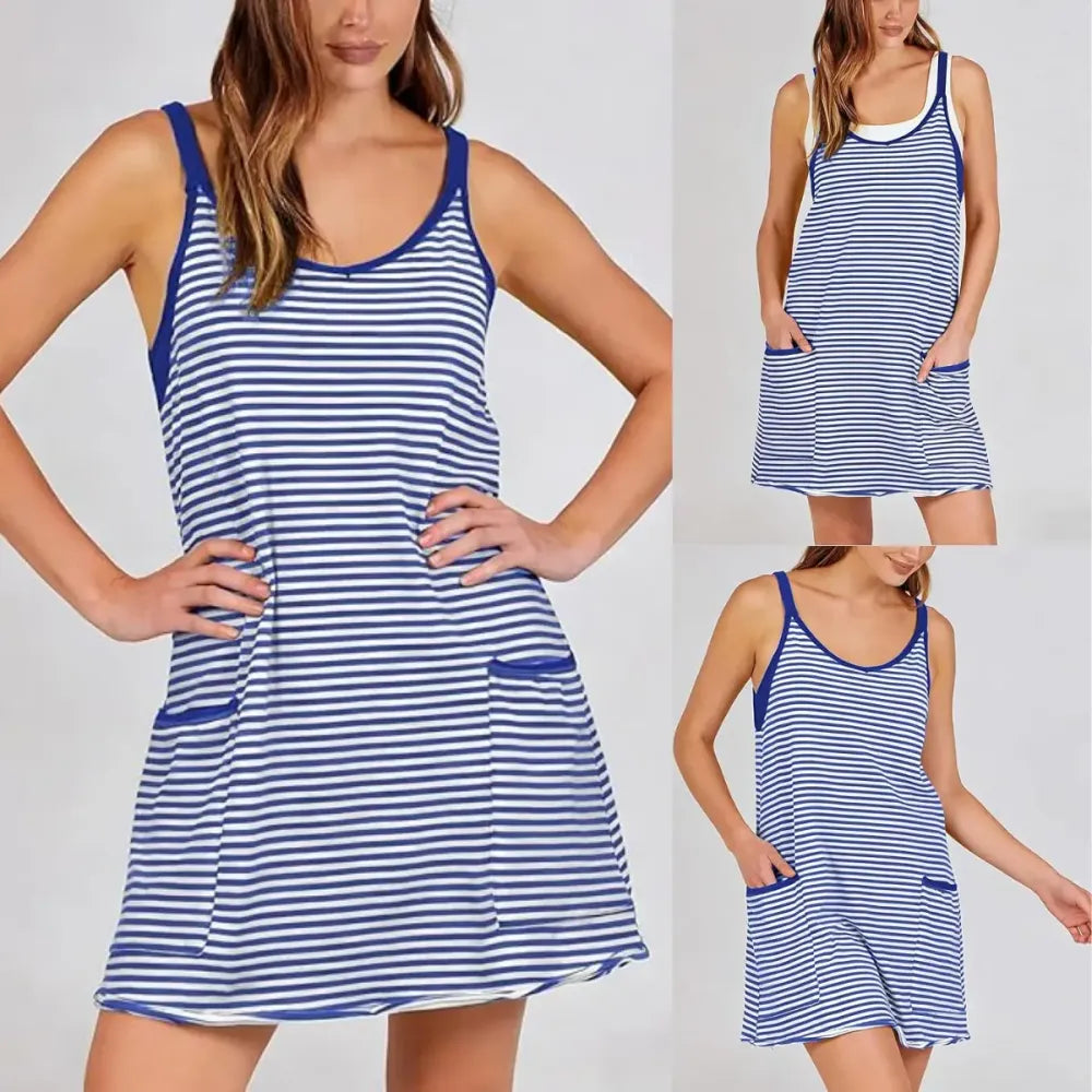 Women's Summer Sleeveless 4th Of July Striped Mini Dress with Built-in Shorts V Neck Spaghetti Straps Athletic Shorts Tennis Dress with Pockets