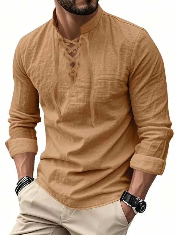 Men's Linen Casual Long Sleeve Polo Shirt