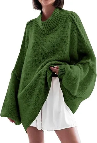 ✨Womens Oversized Mock Neck Batwing Long Sleeve Ribbed Knit Casual Tunic Sweater🔥