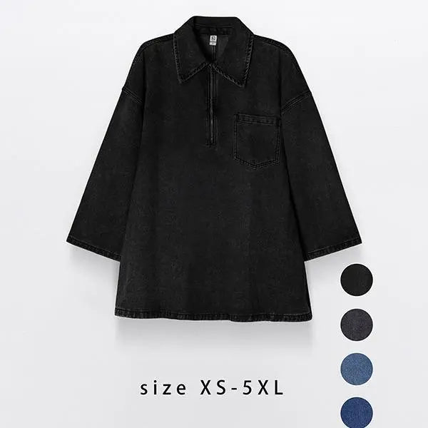 Women's Denim Dress Half-Zip Collared Vintage Washed Blue Loose Fit Long Sleeve