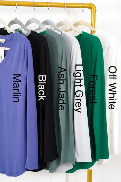 Long Sleeve V-Neck Round Hem Top (Multiple Colors)