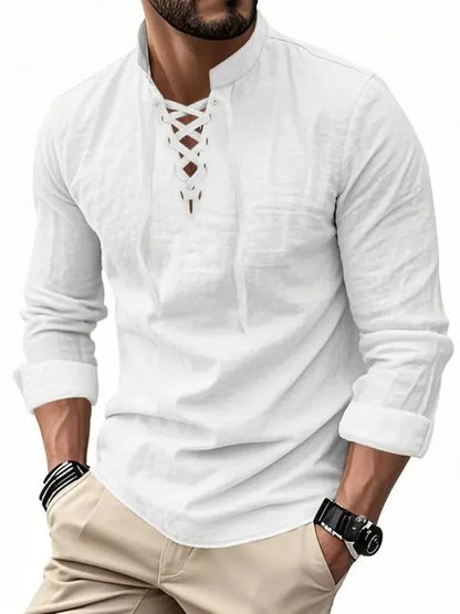 Men's Linen Casual Long Sleeve Polo Shirt