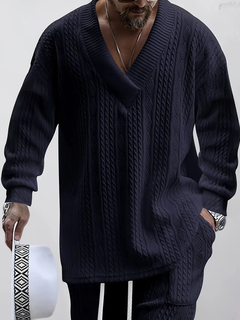 Mens V Neck Sweatshirt Jacquard Tracksuit 2 Piece Men Baggy Sweatsuit Sets Men's Jogging Tracksuit Set Outfit for Men