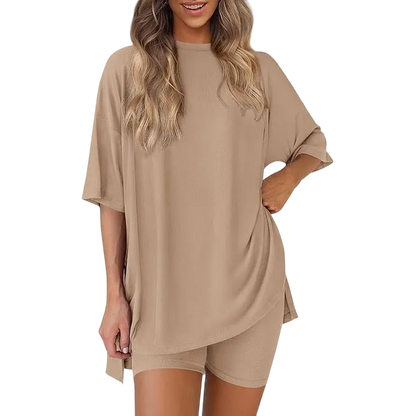 Women's Casual Oversized Crewneck Split Hem Shirts & Side Pocket Shorts Set