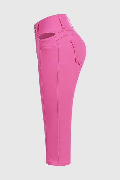 Solid Cut Out Waist Skinny High Waist Capri Jeans