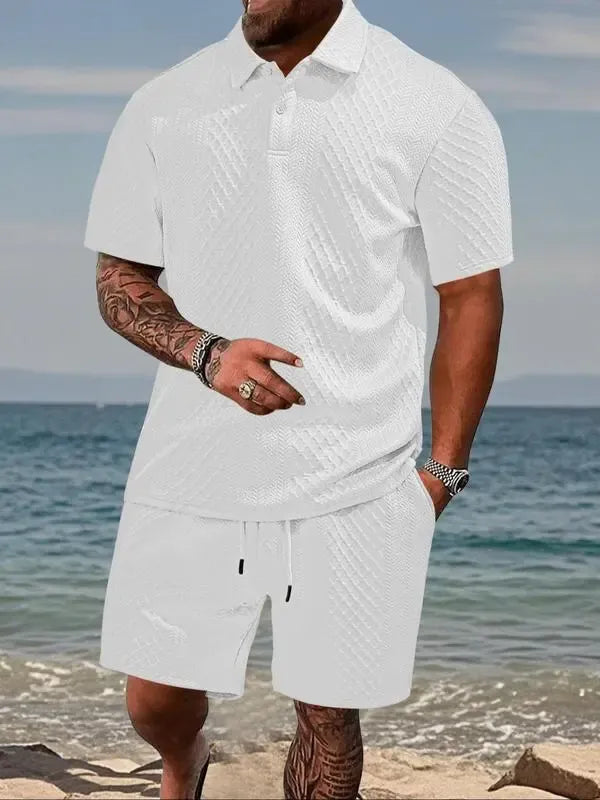 Men's Solid Polo & Drawstring Shorts Set Cozy, Breathable for Daily/Beach, Summer Casual