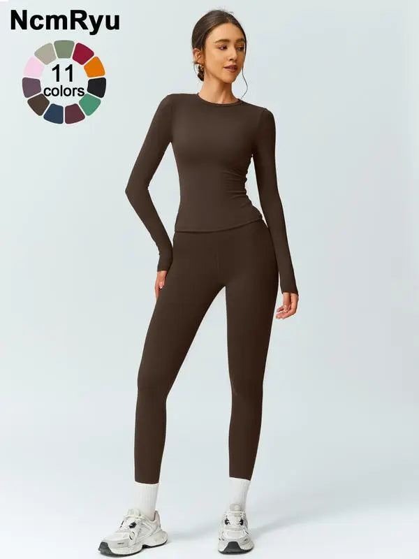 Women’s Two-Piece Patchwork Yoga Set – High Elastic Slim Fit Long Sleeve Top & Tight Pants