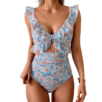 One Piece Swimsuit Ruffle Bathing V Neck Ruched