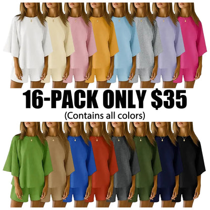 Pajama Sets 3/4 Sleeve Oversized Tops And Elastic Waist Shorts