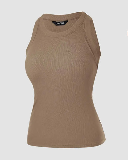 O-Neck Knit Sleeveless Basic Slim Fit Tummy Control Tank Casual Top(Without Pads)
