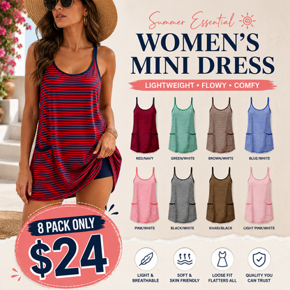 Women's Summer Sleeveless 4th Of July Striped Mini Dress with Built-in Shorts V Neck Spaghetti Straps Athletic Shorts Tennis Dress with Pockets