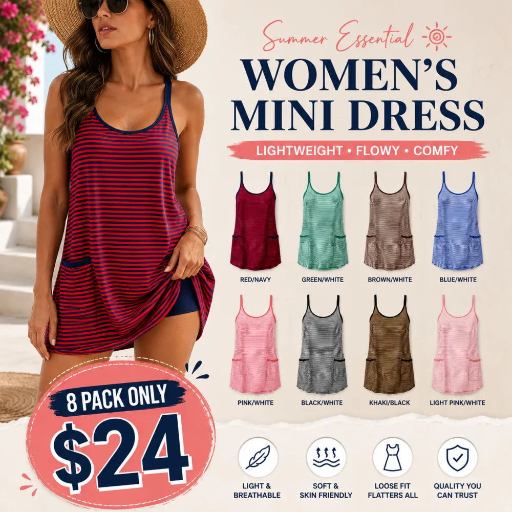 Women's Summer Sleeveless 4th Of July Striped Mini Dress with Built-in Shorts V Neck Spaghetti Straps Athletic Shorts Tennis Dress with Pockets
