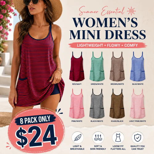 Women's Summer Sleeveless 4th Of July Striped Mini Dress with Built-in Shorts V Neck Spaghetti Straps Athletic Shorts Tennis Dress with Pockets