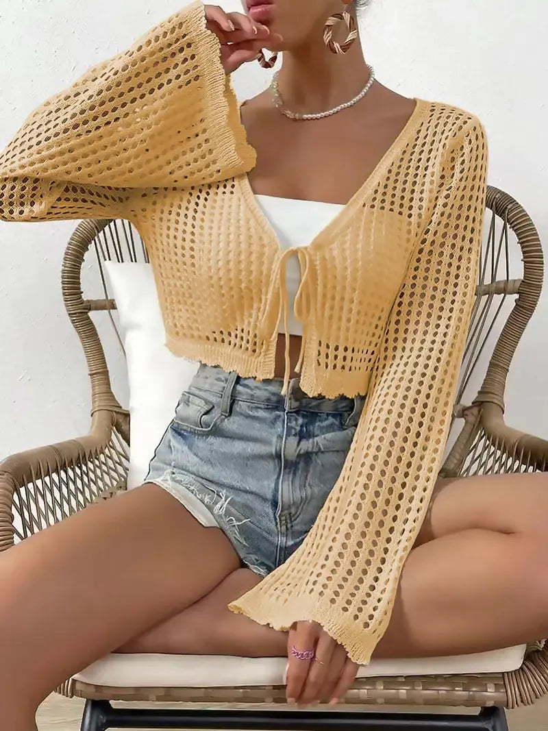 Women's Plain Hollow Out Tie Front Crop Cardigan