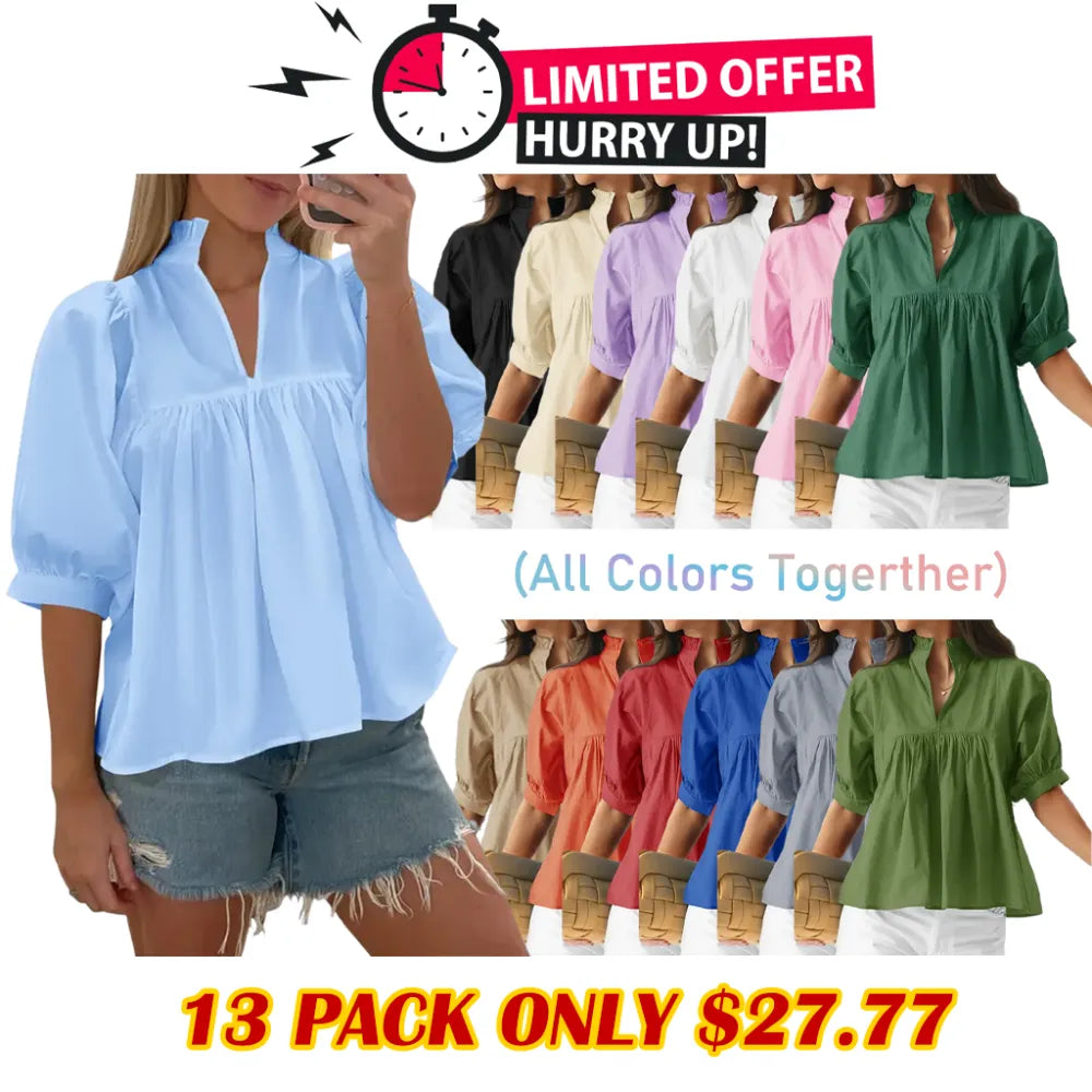 Womens V Neck Puff Sleeve Blouse Babydoll Peplum Tops Dressy Casual Pleated Loose Fit Shirts