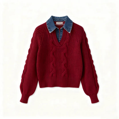 Denim Panel Ribbed Lapel Sweater