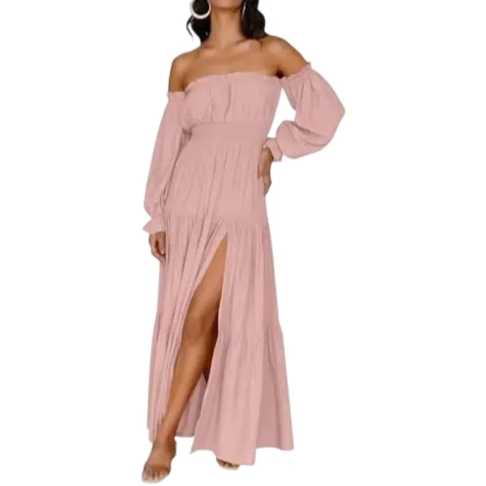 Women's Boho Off Shoulder Long Sleeve High Waist Side Split Long Maxi Dress
