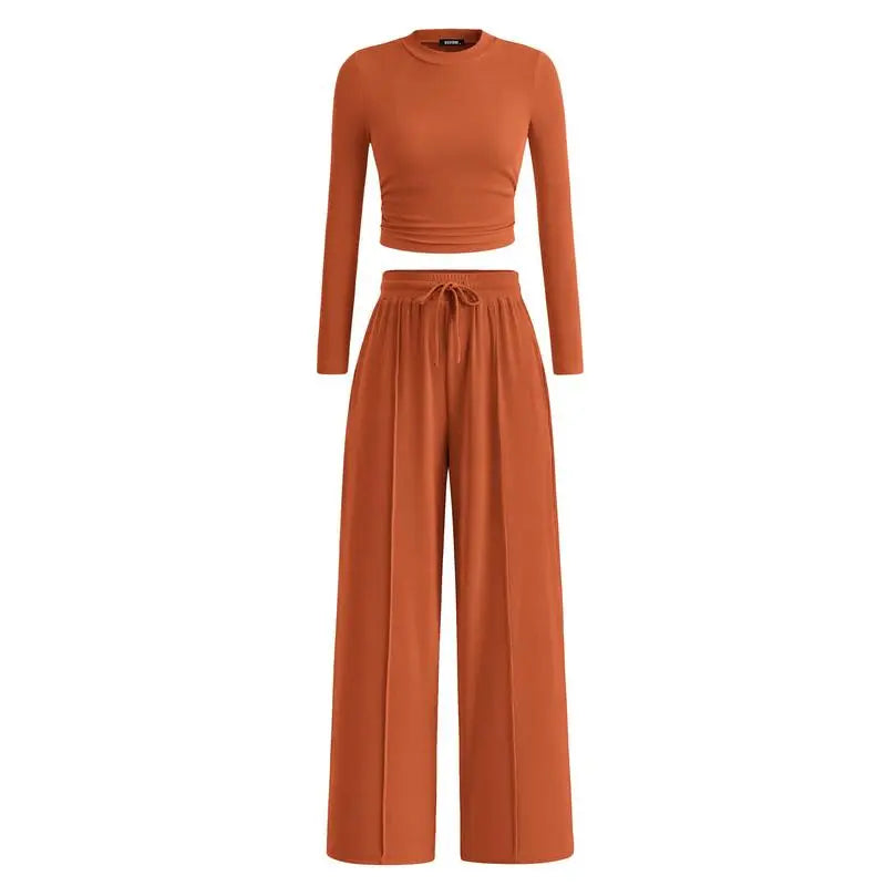 ✨2-Piece Ribbed Knit Long Sleeve Crop Top Wide Leg Pants Lounge Set🔥