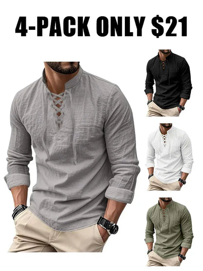 Men's Linen Casual Long Sleeve Polo Shirt