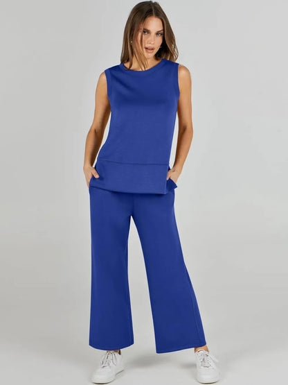 Women's 2 Piece Sets Summer Outfits Sleeveless Wide Leg Tracksuits Casual Sweat Sets Lounge Sweatsuits