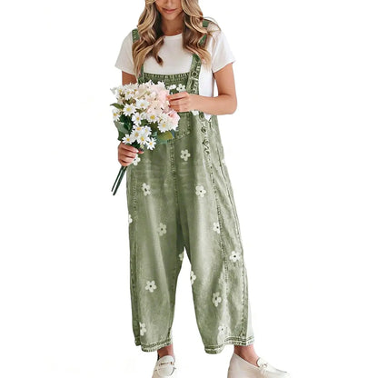 🔥Flash Sale🔥Women's Floral Printed Adjustable Strap Denim Bib Overall - Cute Chic Wide Leg Baggy Jeans Jumpsuit, Versatile Clothes for Matching Shirts