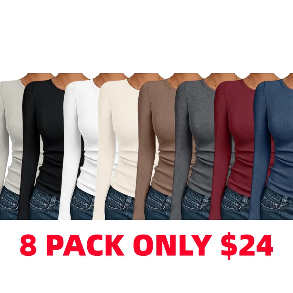 🔥8- PACK Women's Long Sleeve Blouses Shirts with Ribbed Knit Work Office Basic Tops