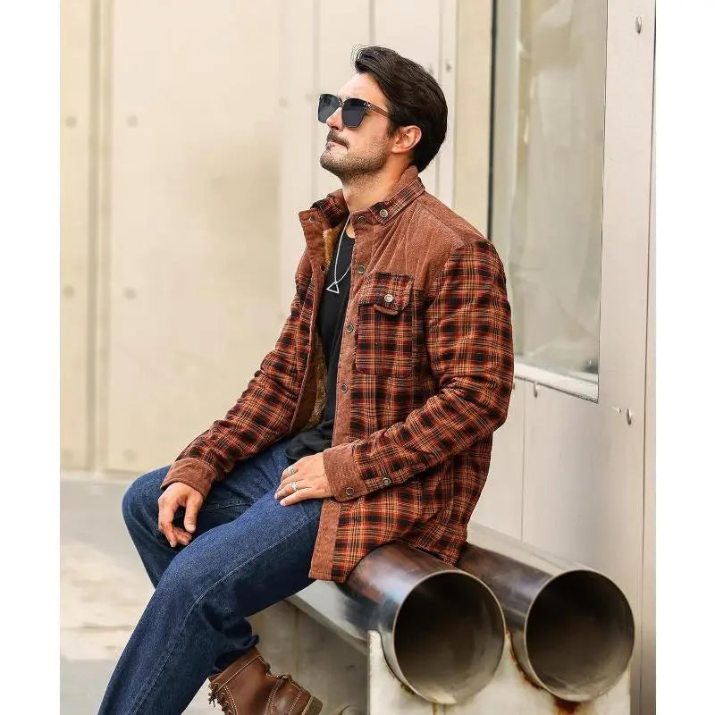 Men's Corduroy Plaid Sherpa Lined Flannel Shirt Jacket Fleece Coat