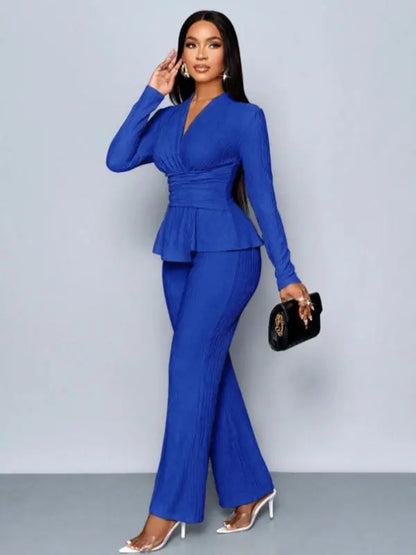 Women's Elegant V Neck Long Sleeve T-Shirt And Wide Leg Pants Two Piece Set