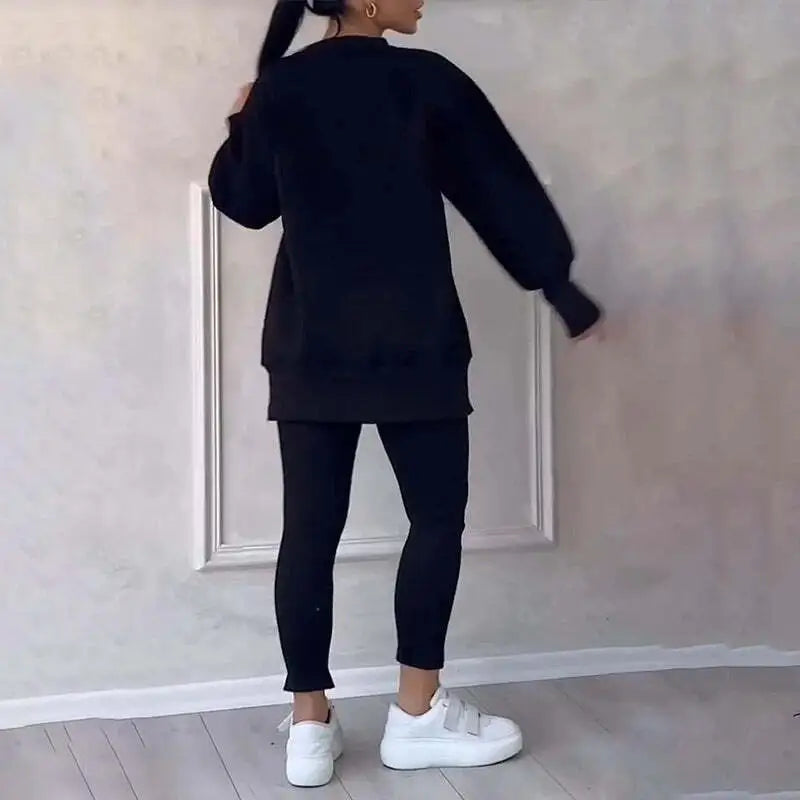 🎉Christmas Deals🎉Women's Casual Solid Color Round Neck Long Sleeve Slit Hem Sweatshirt Leggings Set