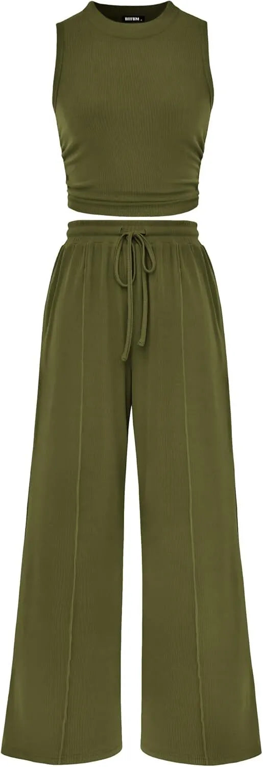 Women Summer 2 Piece Outfits 2026 Beach Crew Neck Sleeveless Cropped Top Elastic Waist Wide Leg Pants Lounge Set